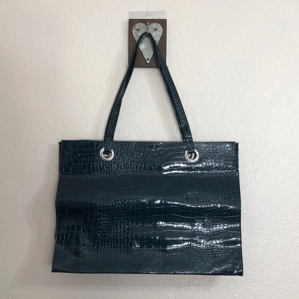 Forest Green Vinyl Reptile Pattern Tote Bag